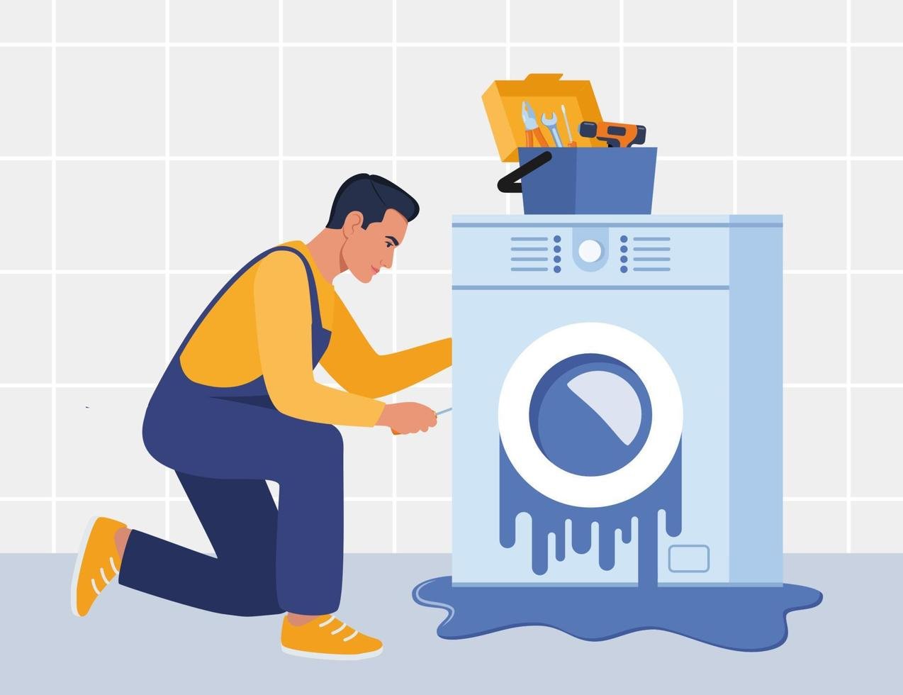 master with set of professional tools repairs a washing machine washing machines repair service man character in uniform and washing machine with a breakdown illustration vector